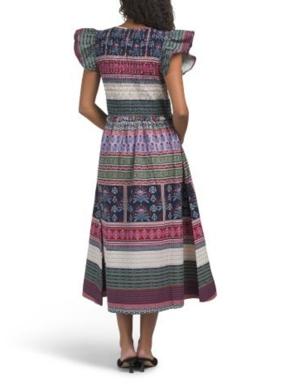 NWT - LEA Cotton Flutter Sleeve Smocked Bodice Variegated Print Midi Dress -Sz M - Picture 2 of 11